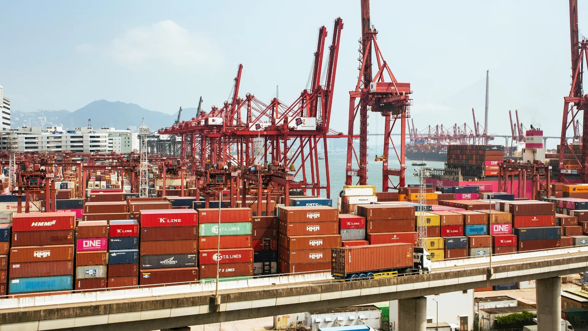 Freight containers at an active port